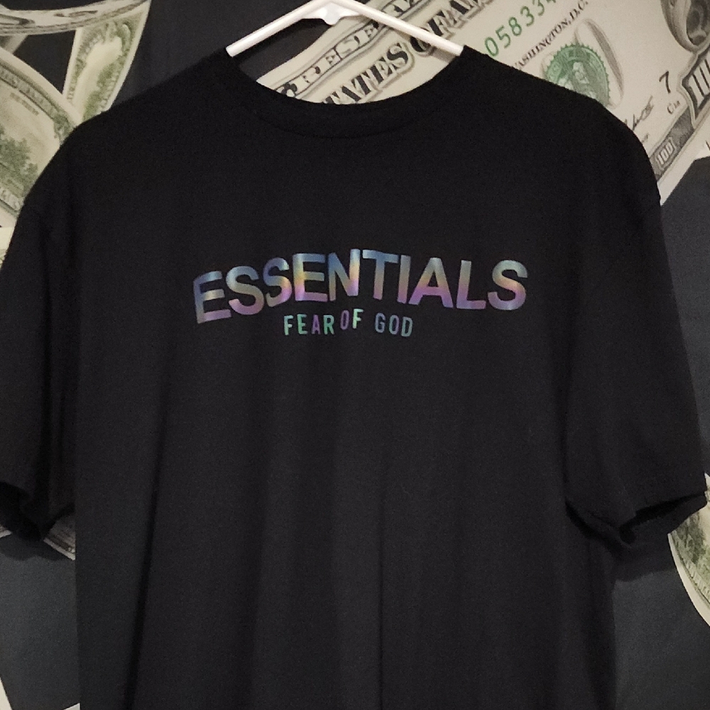 Essentials Fear of God Black Tee with Reflective Rainbow Logo